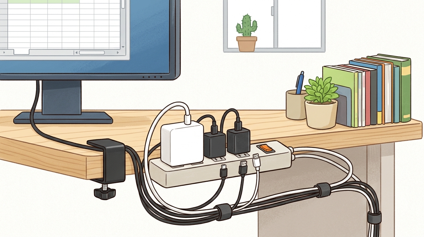 クランプ式でデスク天板に固定された電源タップの画像