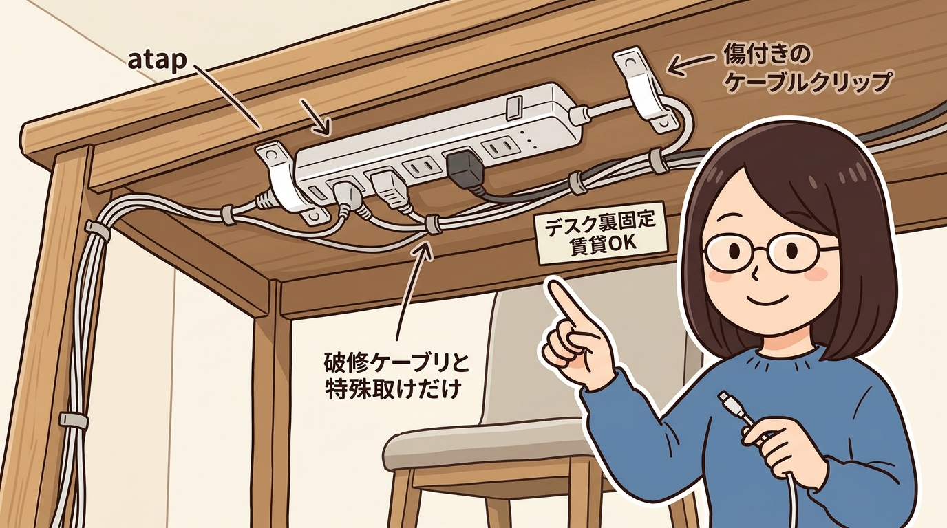 デスク天板の裏に固定された電源タップの画像