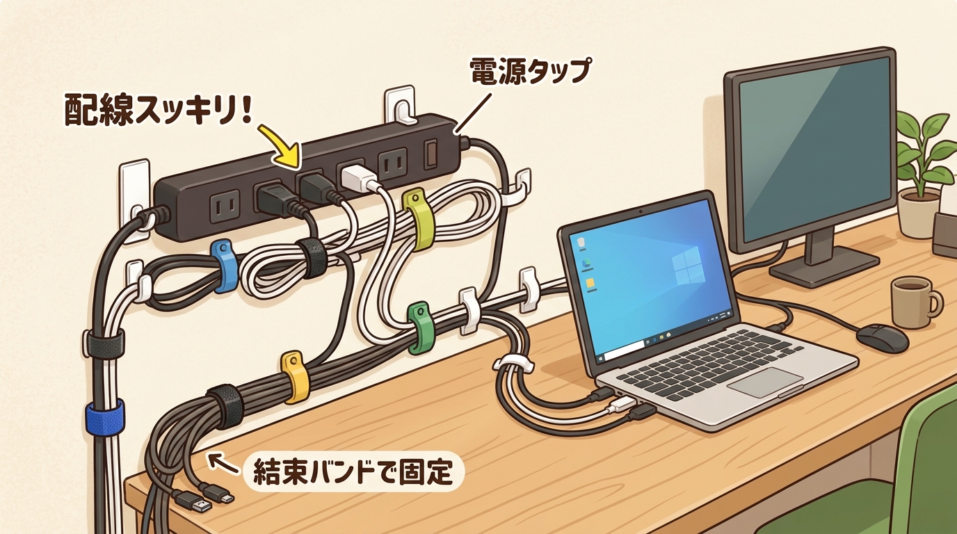 ケーブルクリップや結束バンドで綺麗にまとまった配線の画像