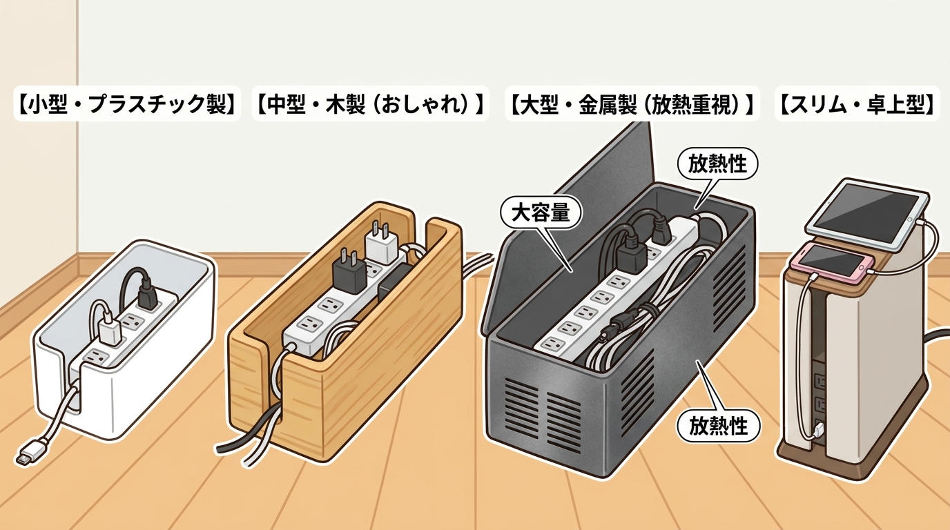 様々なサイズ・素材の電源タップ収納ボックスの比較画像