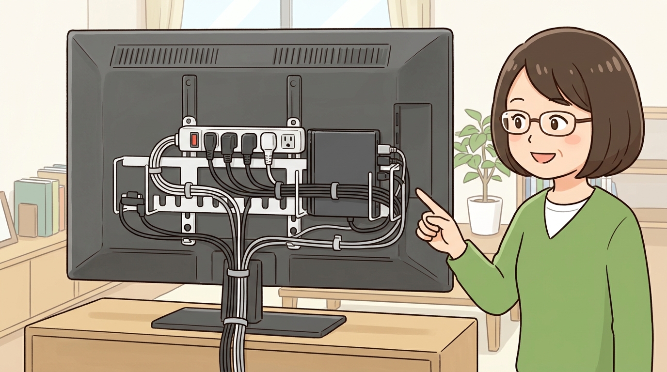 テレビ裏に設置された収納ラックの画像