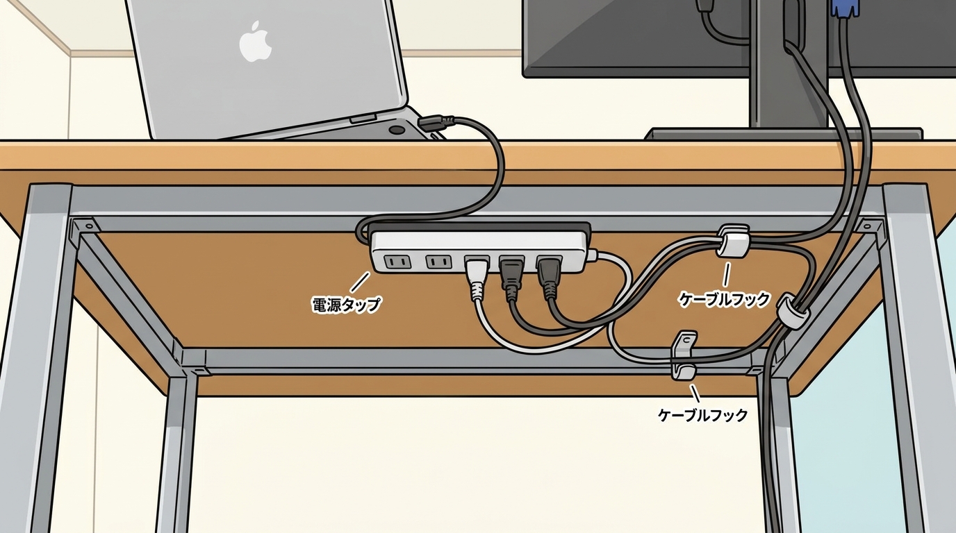 デスク裏の天板にマグネットタップとケーブルフックで綺麗に配線された状態の画像