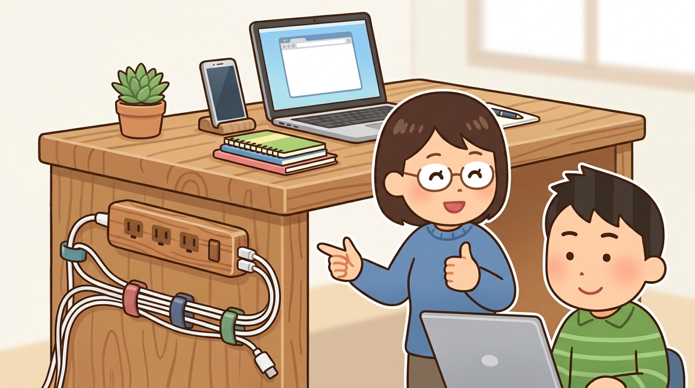 木目調のデスクに馴染むおしゃれなデザインのマグネット電源タップの画像