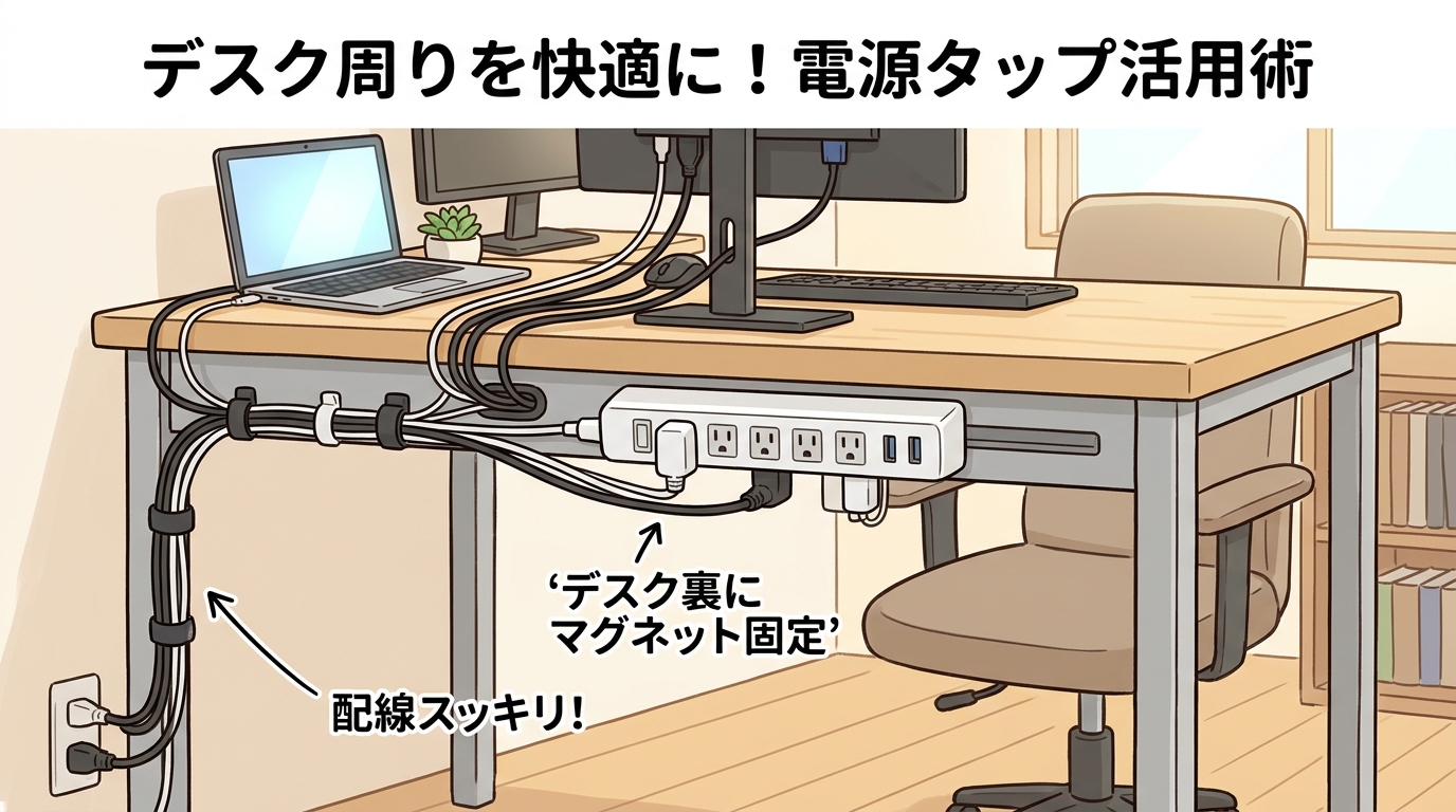 デスク裏にマグネットで固定され配線がスッキリした電源タップの画像