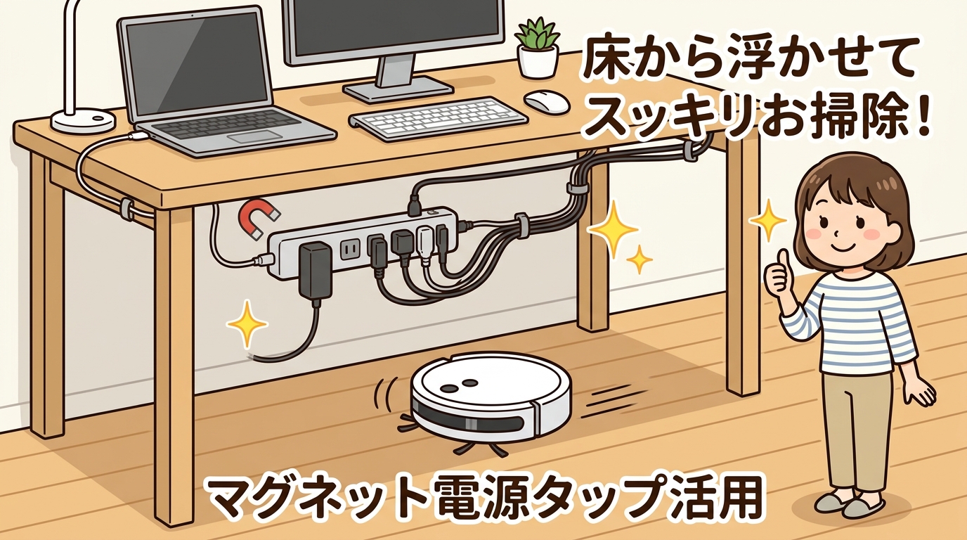 床から浮かせた状態で設置された電源タップの下をロボット掃除機が通過する画像