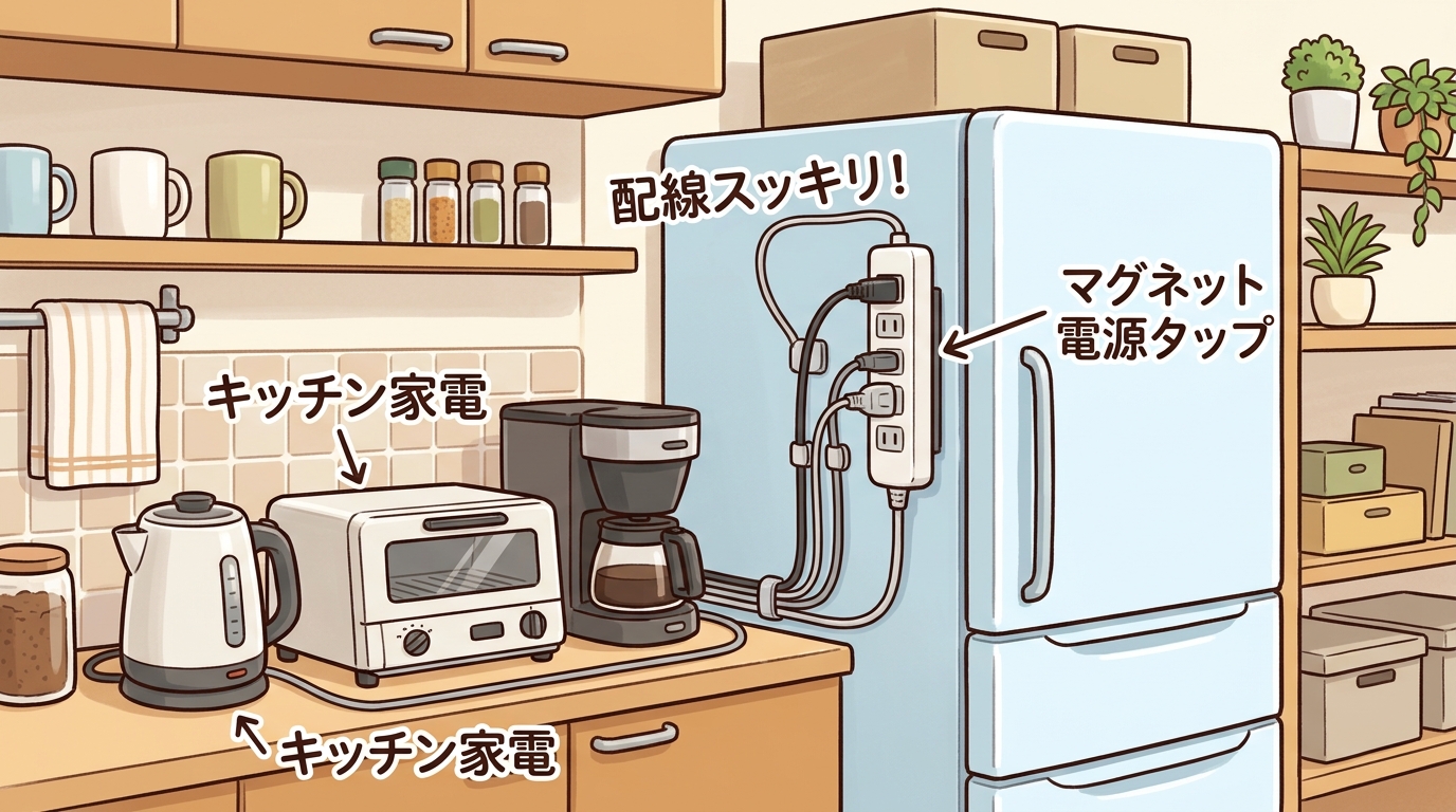冷蔵庫の側面にマグネット電源タップを貼り付けてキッチン家電を使っている画像