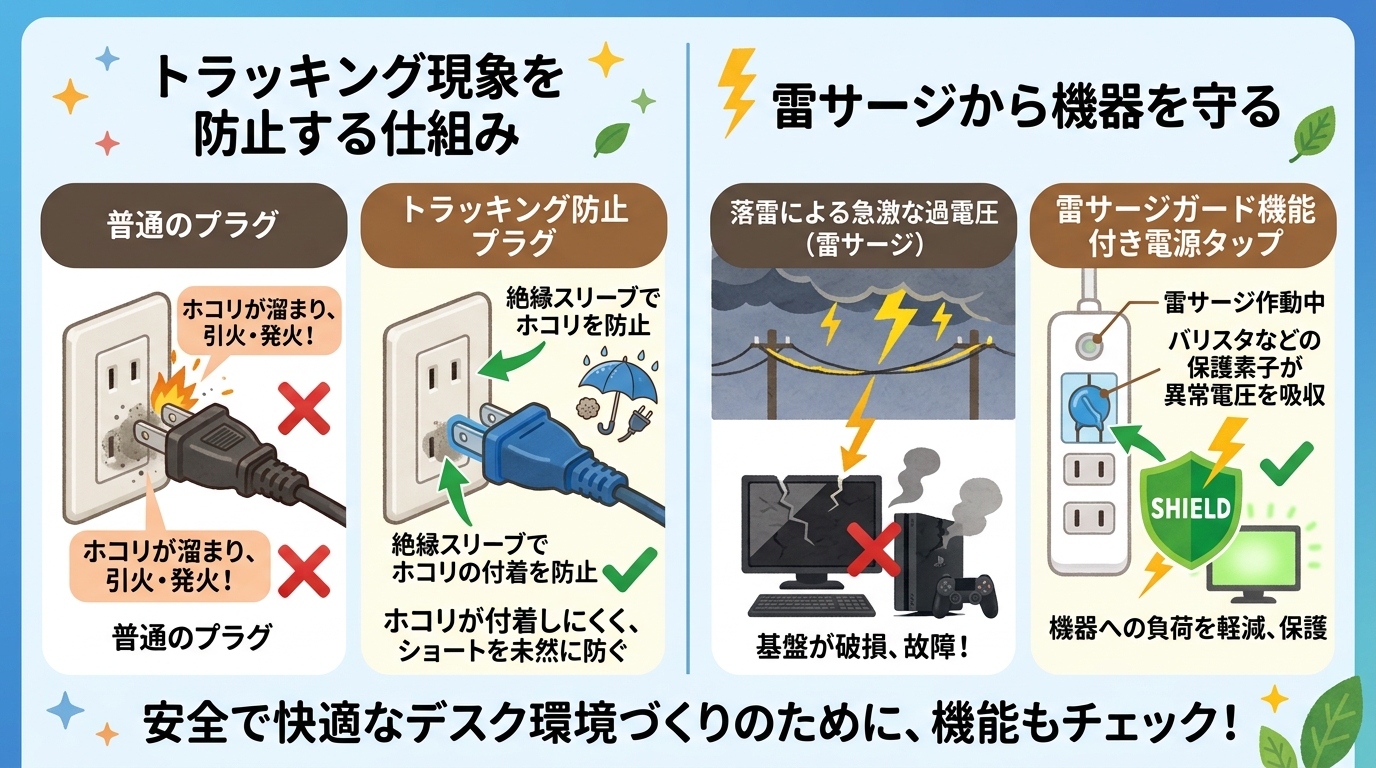 トラッキング防止プラグや雷サージガードの図解アイコン画像