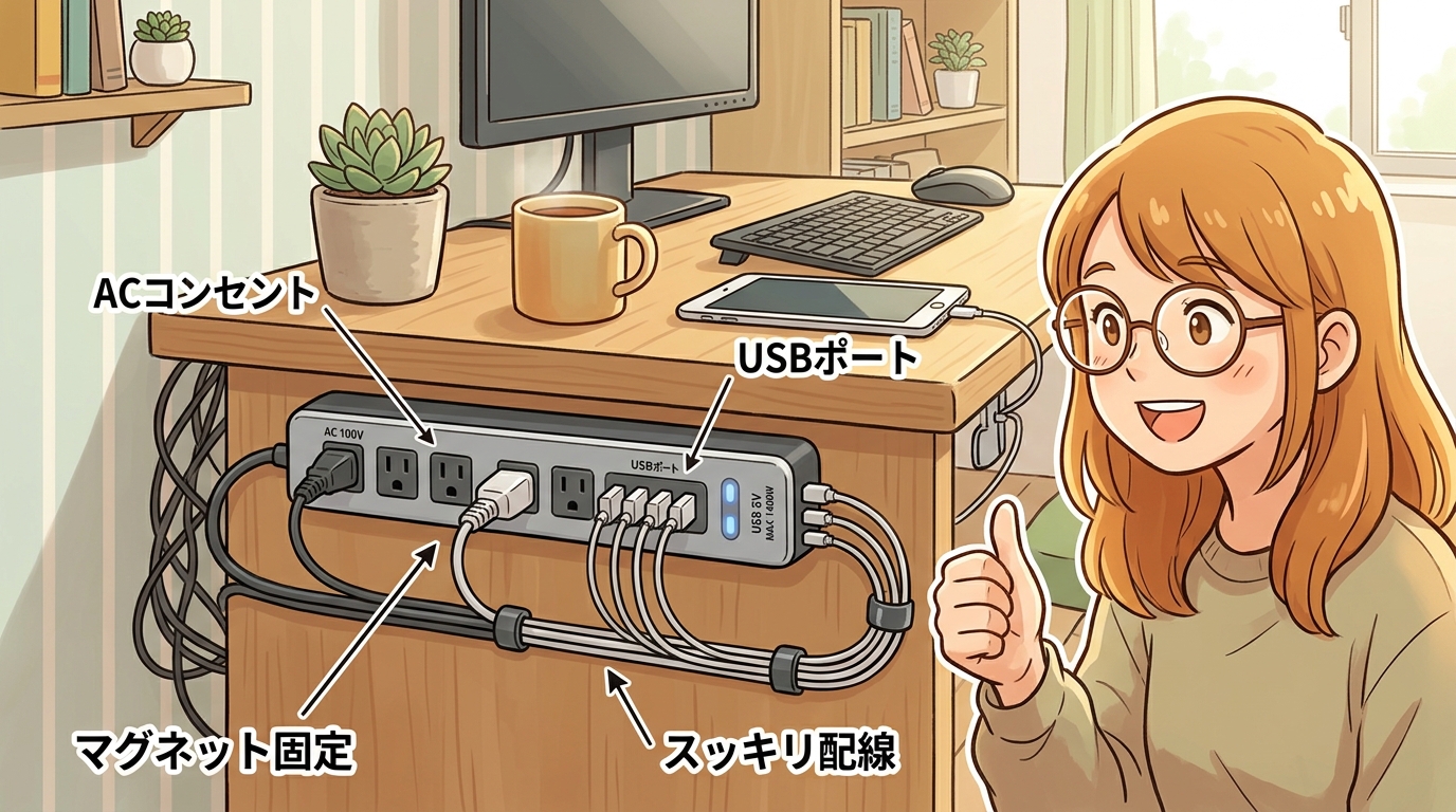 USBポートとACコンセントが両方備わったマグネット電源タップの画像