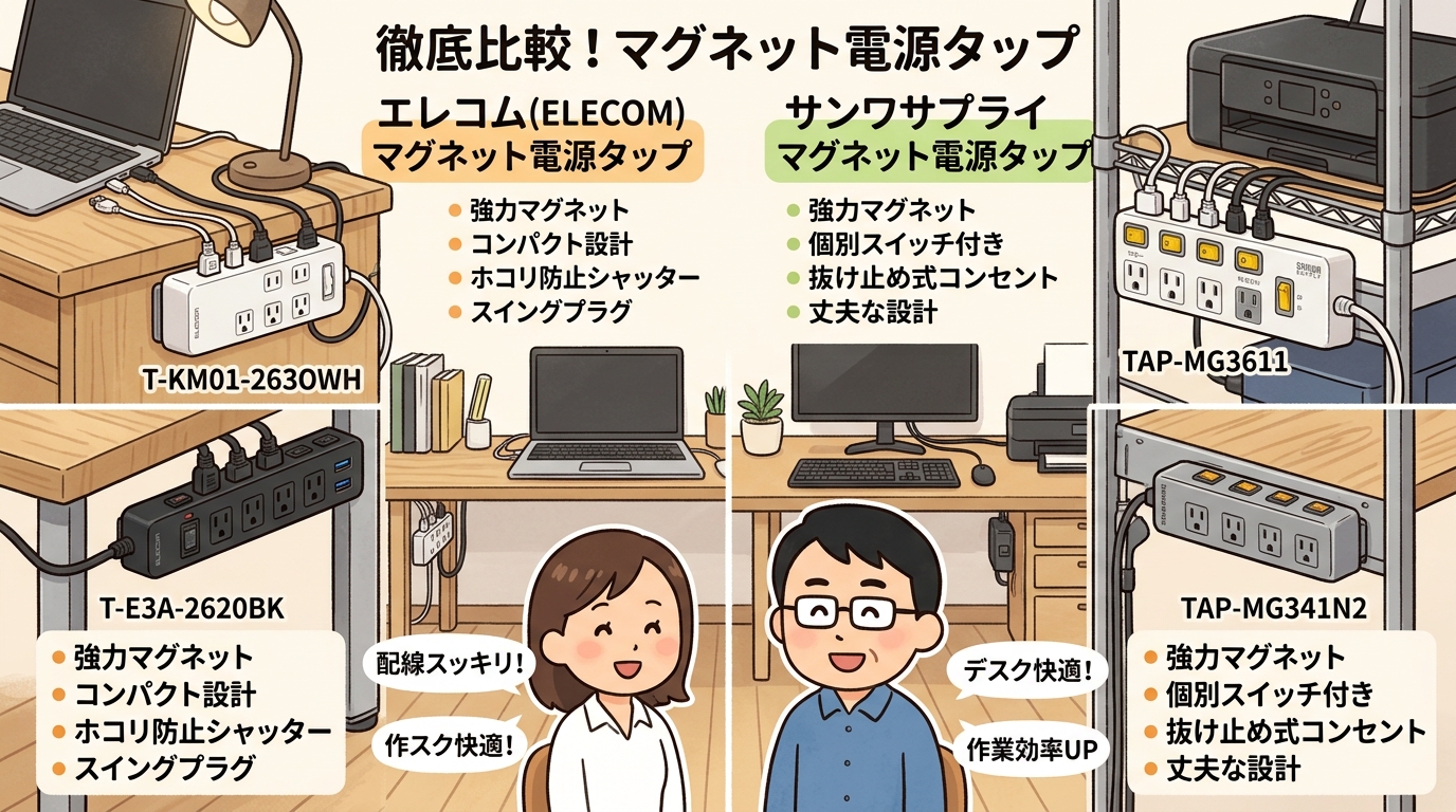 エレコムとサンワサプライの代表的なマグネット電源タップの比較画像