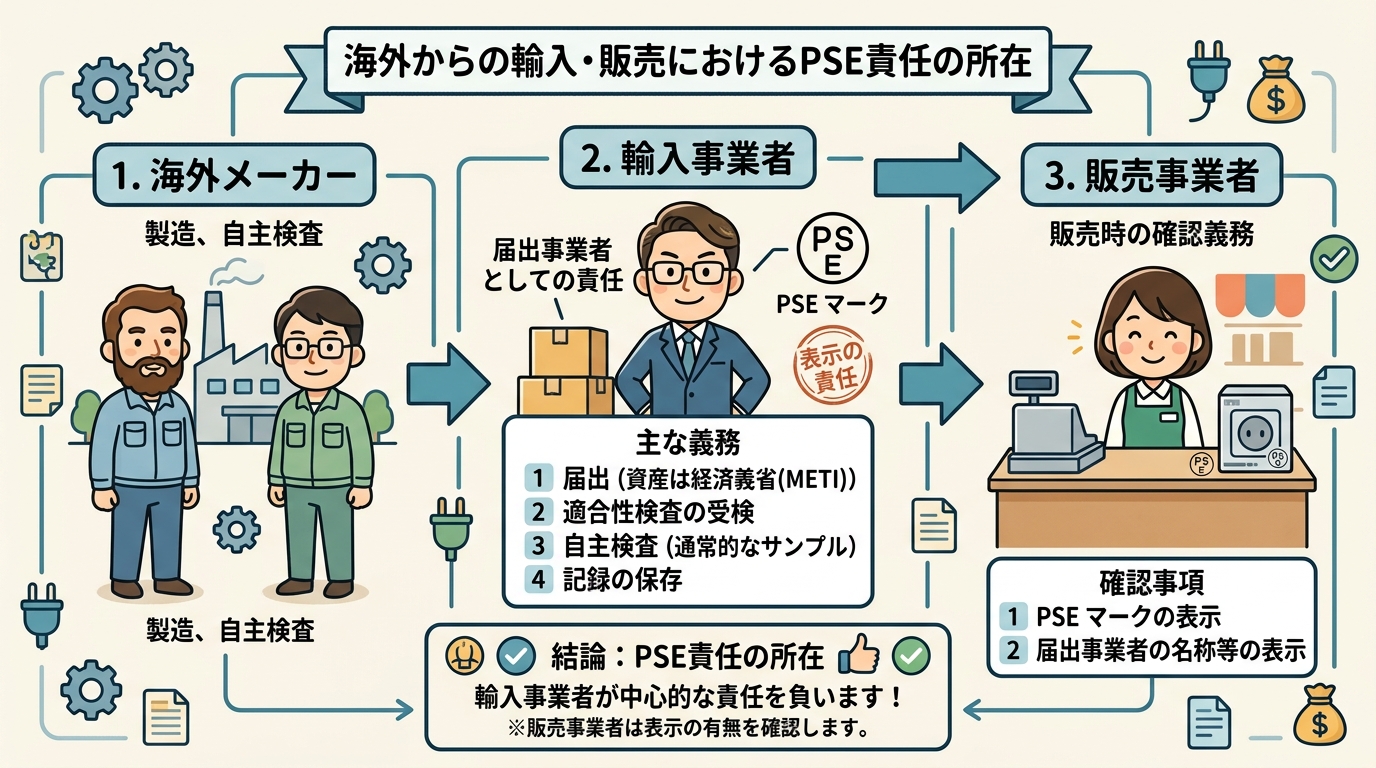 海外からの輸入から販売までのPSE責任の所在を示す図解