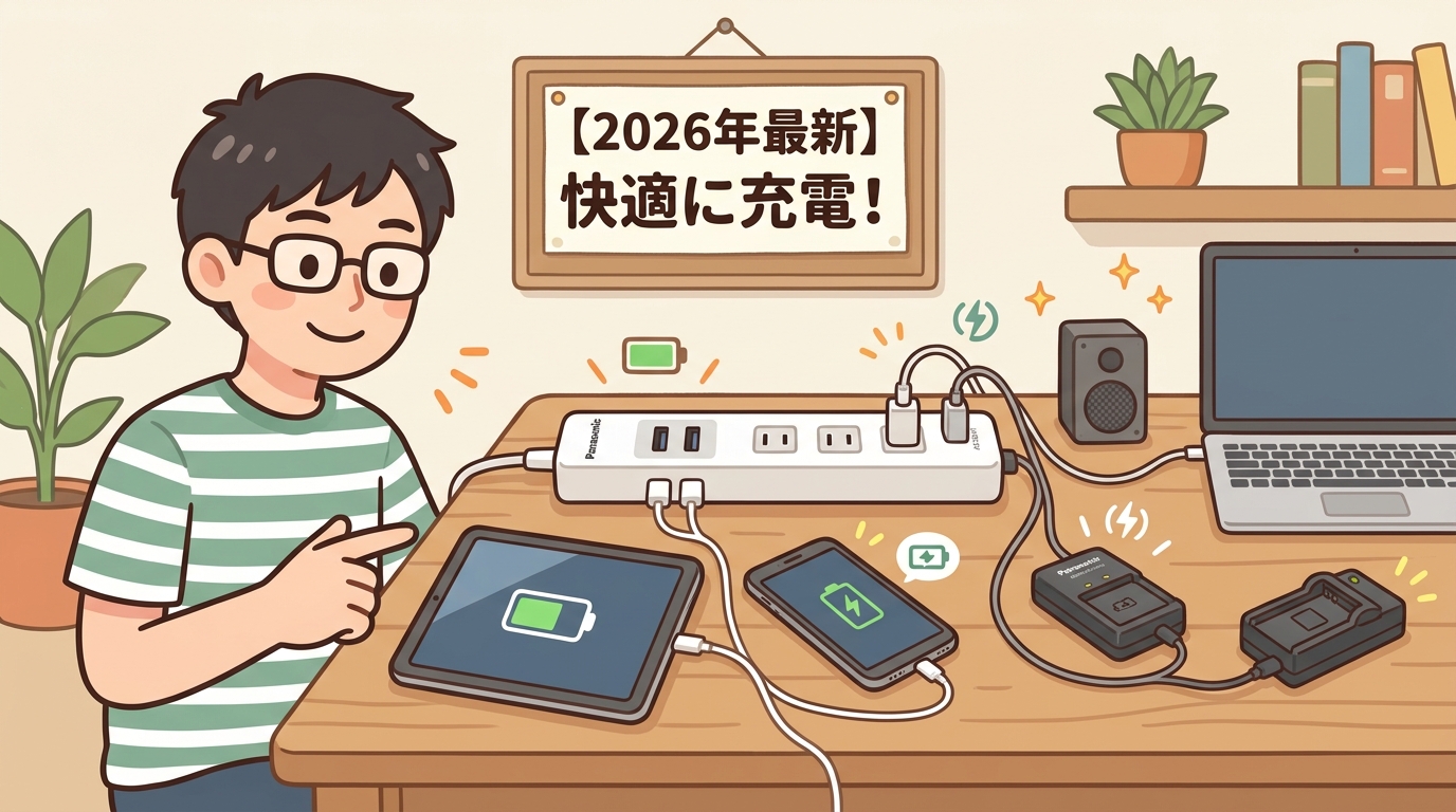 ガジェットを充電しているUSB付きタップの画像
