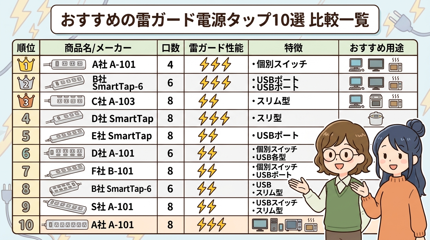 おすすめの電源タップ10選の比較一覧画像