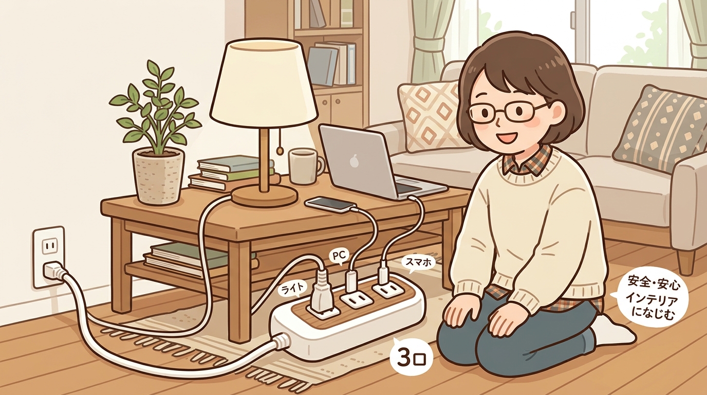 リビングのインテリアに馴染む電源タップの画像
