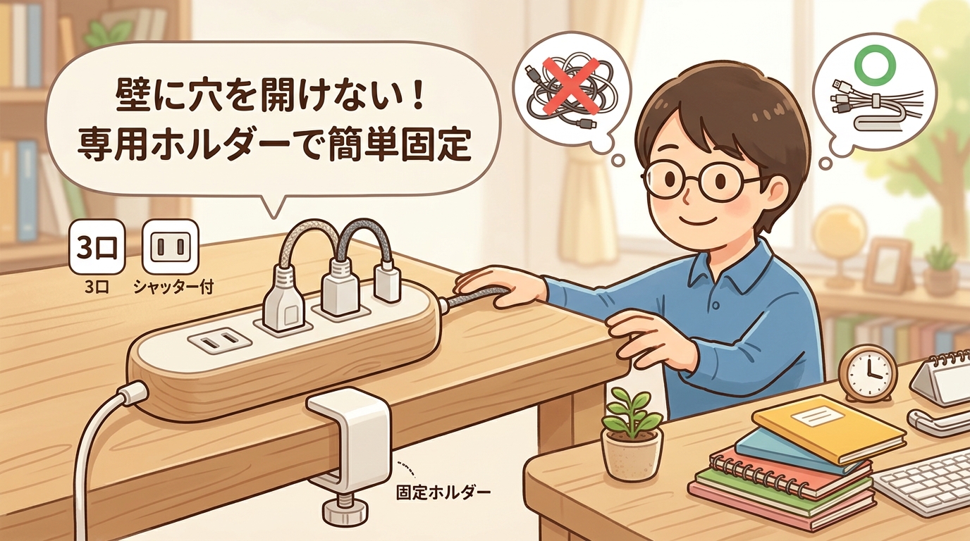 壁に穴を開けずに専用ホルダーで固定された電源タップの画像