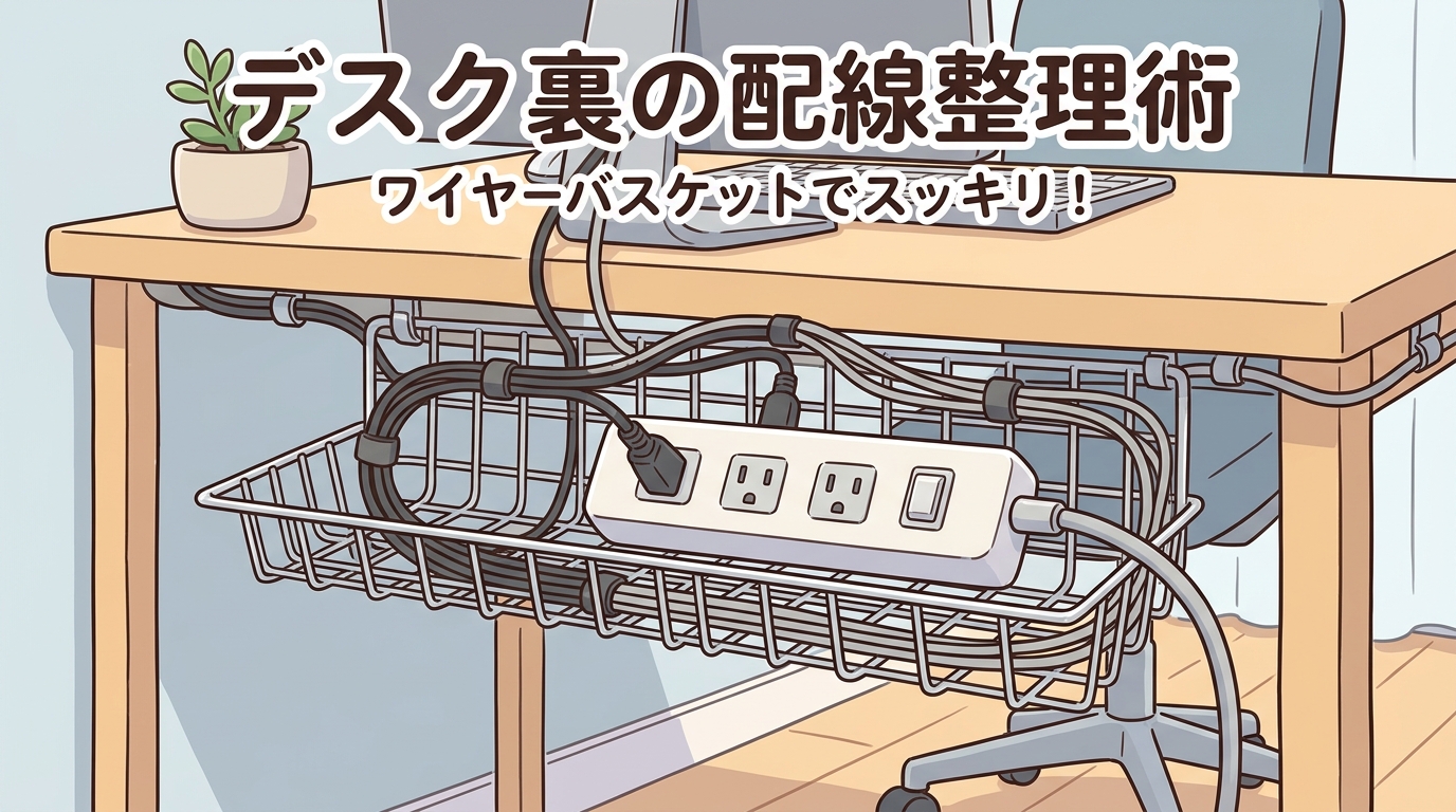 デスク裏にワイヤーバスケットで電源タップを収納している画像