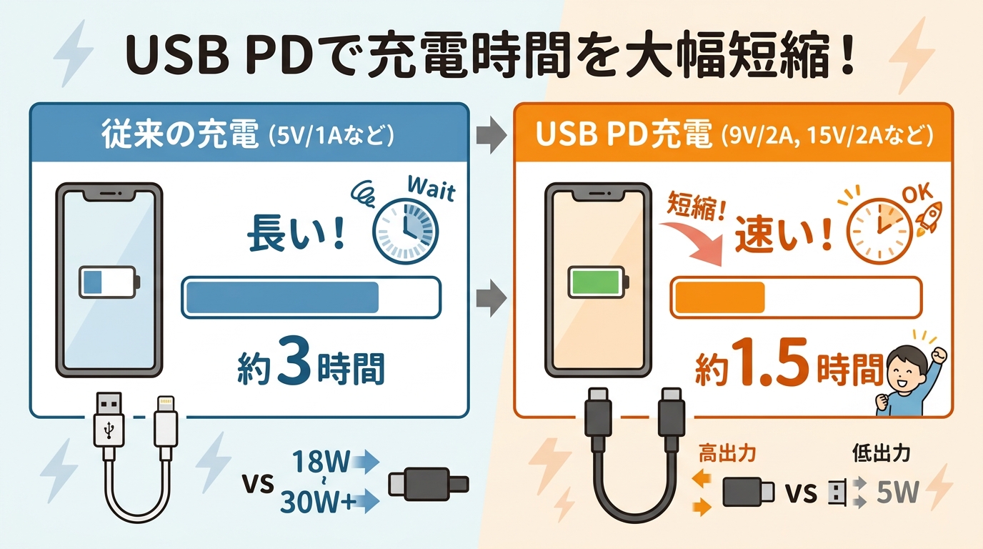 USB PDによる充電時間の短縮を示す図解画像