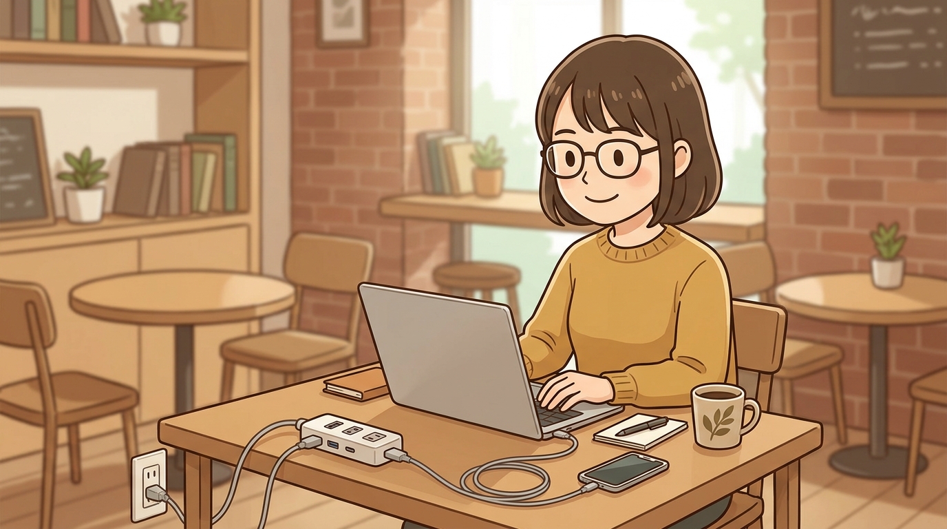 カフェでコンパクトな電源タップを使用している画像
