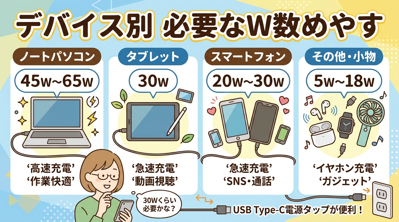 デバイスごとの必要なワット数を示すイラスト画像