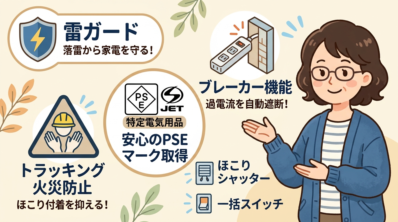 PSEマークや雷ガード機能のアイコン・説明画像