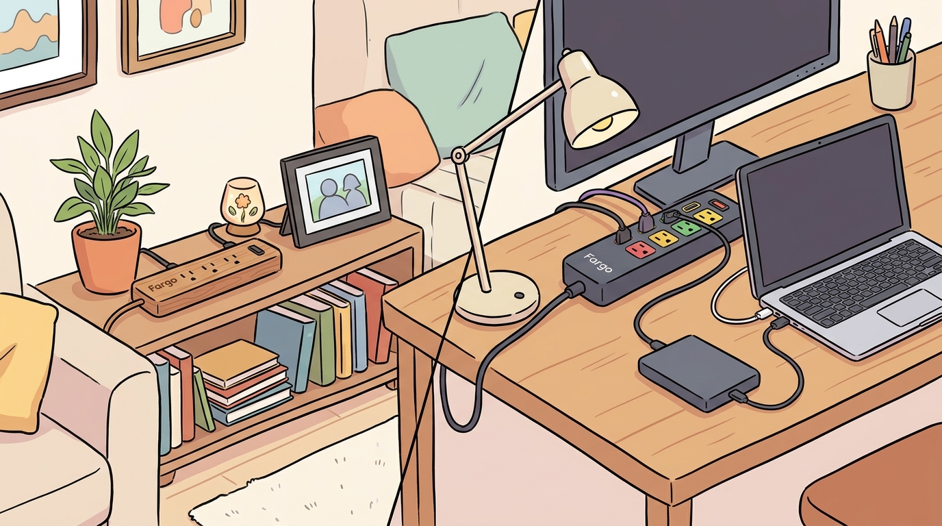 リビングやデスク周りで実際に使用されているファーゴ電源タップの画像