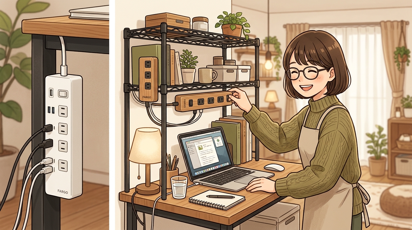 デスクの脚やスチールラックにマグネットで固定されている画像