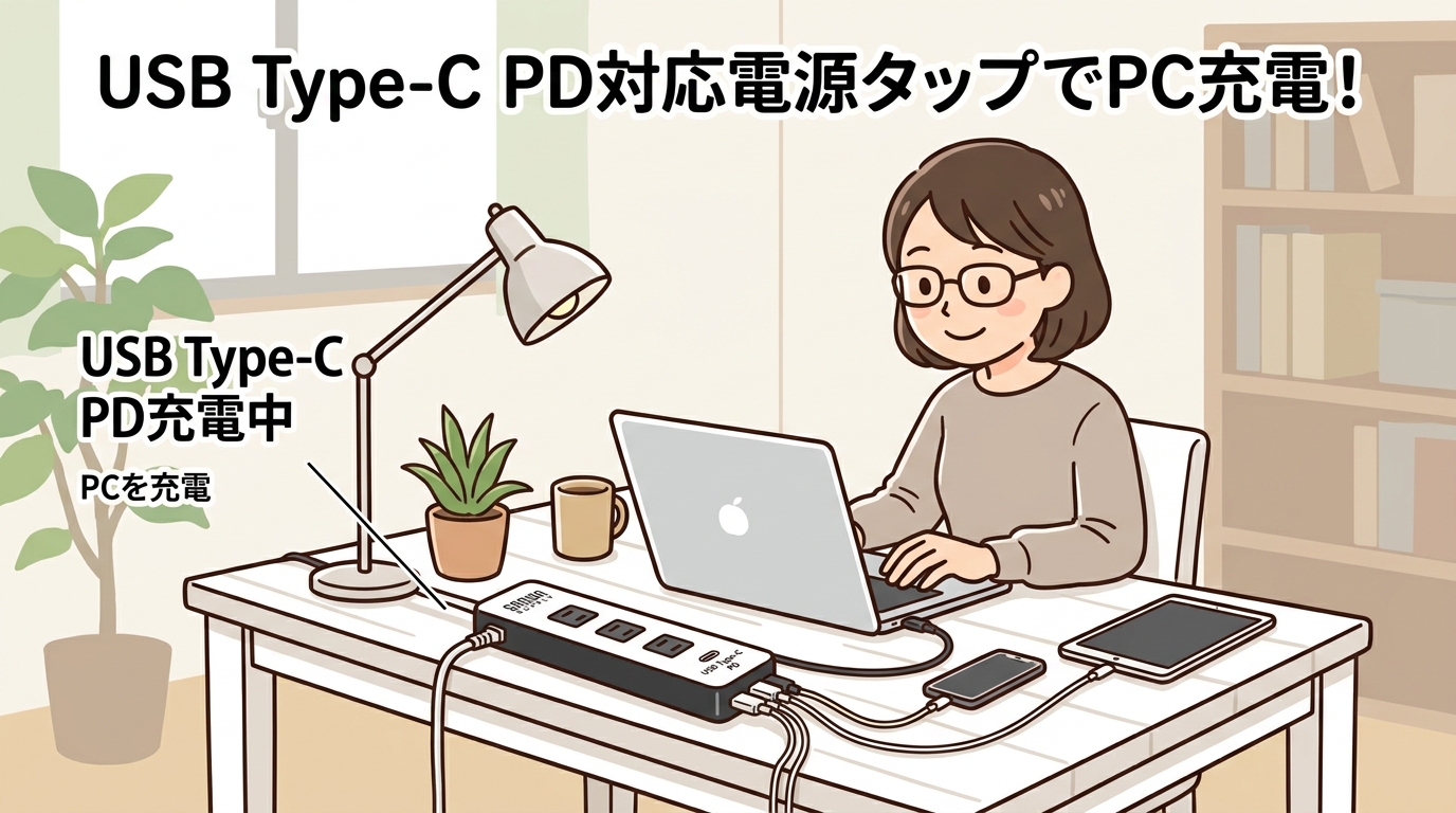 USB Type-C PD対応の電源タップでPCを充電している画像