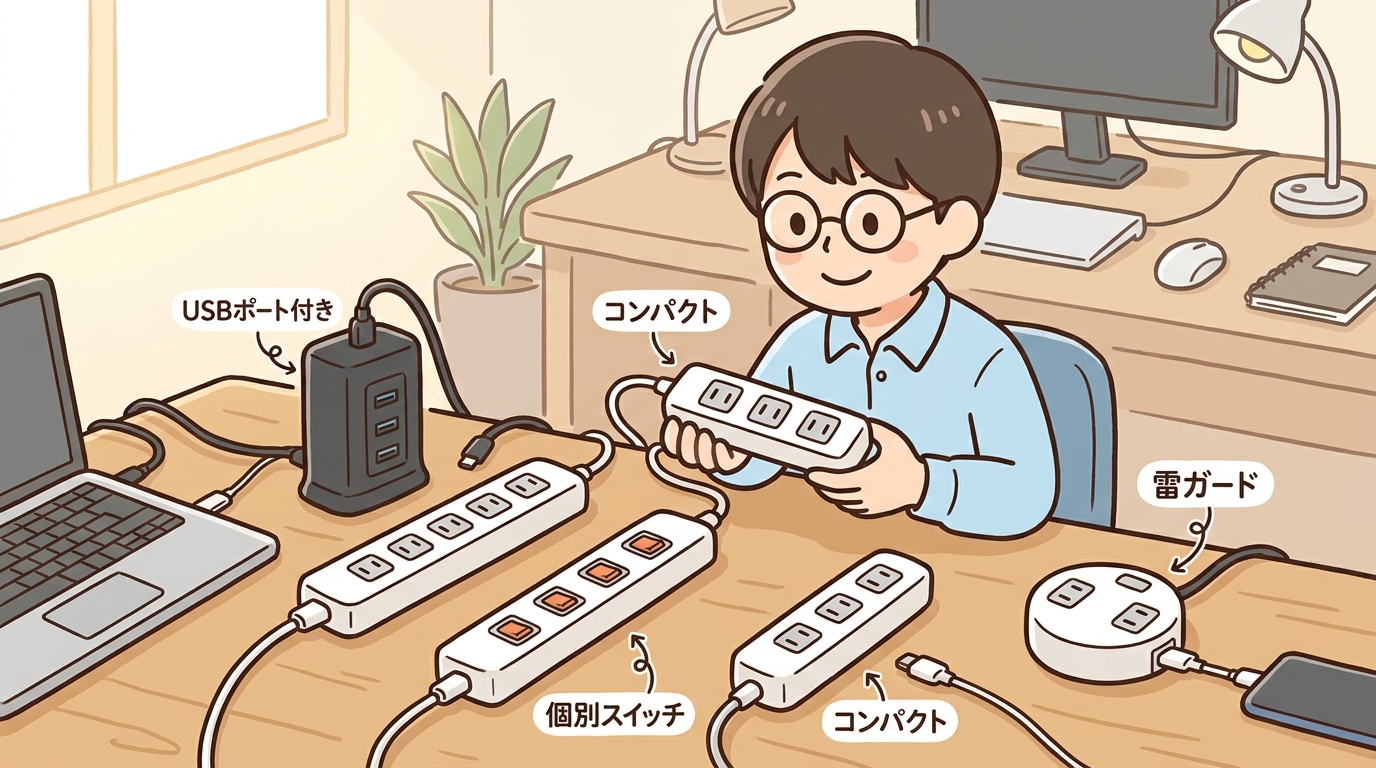 デスク周りに設置された様々な形状の電源タップの画像