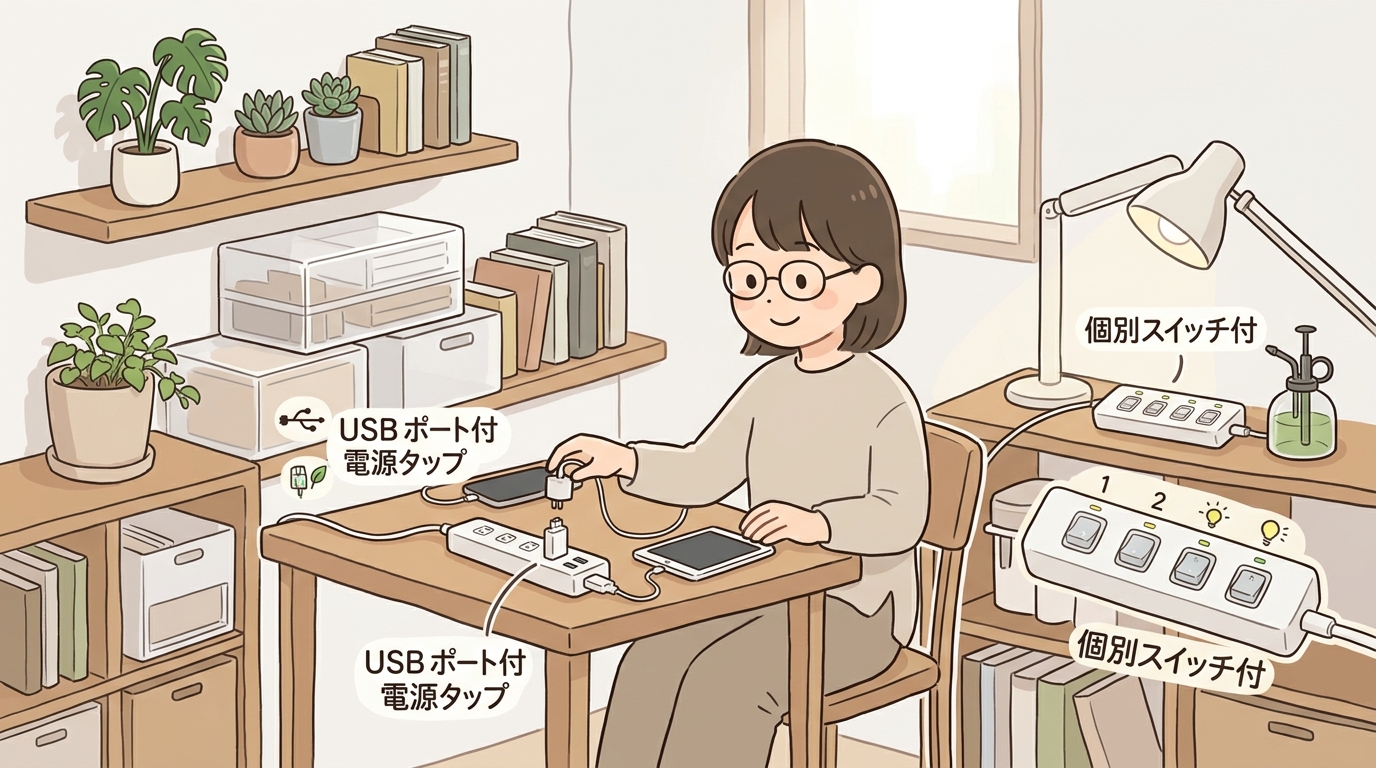 USBポート付きや個別スイッチ付きの無印良品電源タップの画像