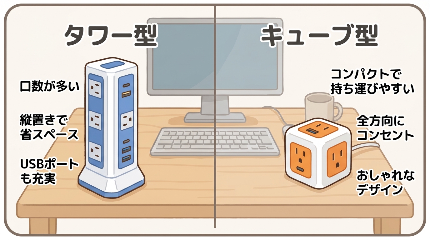 タワー型とキューブ型の電源タップを並べて比較している画像
