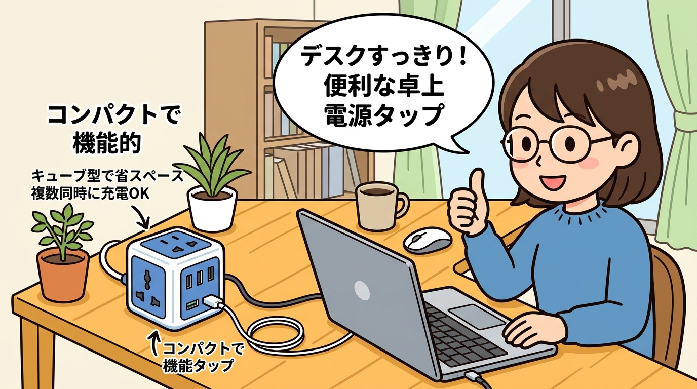 テレワークデスクで省スペースに配置されたキューブ型電源タップの画像
