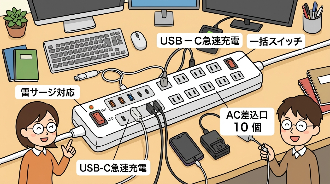 デスク上に配置された高性能で多機能な電源タップの画像