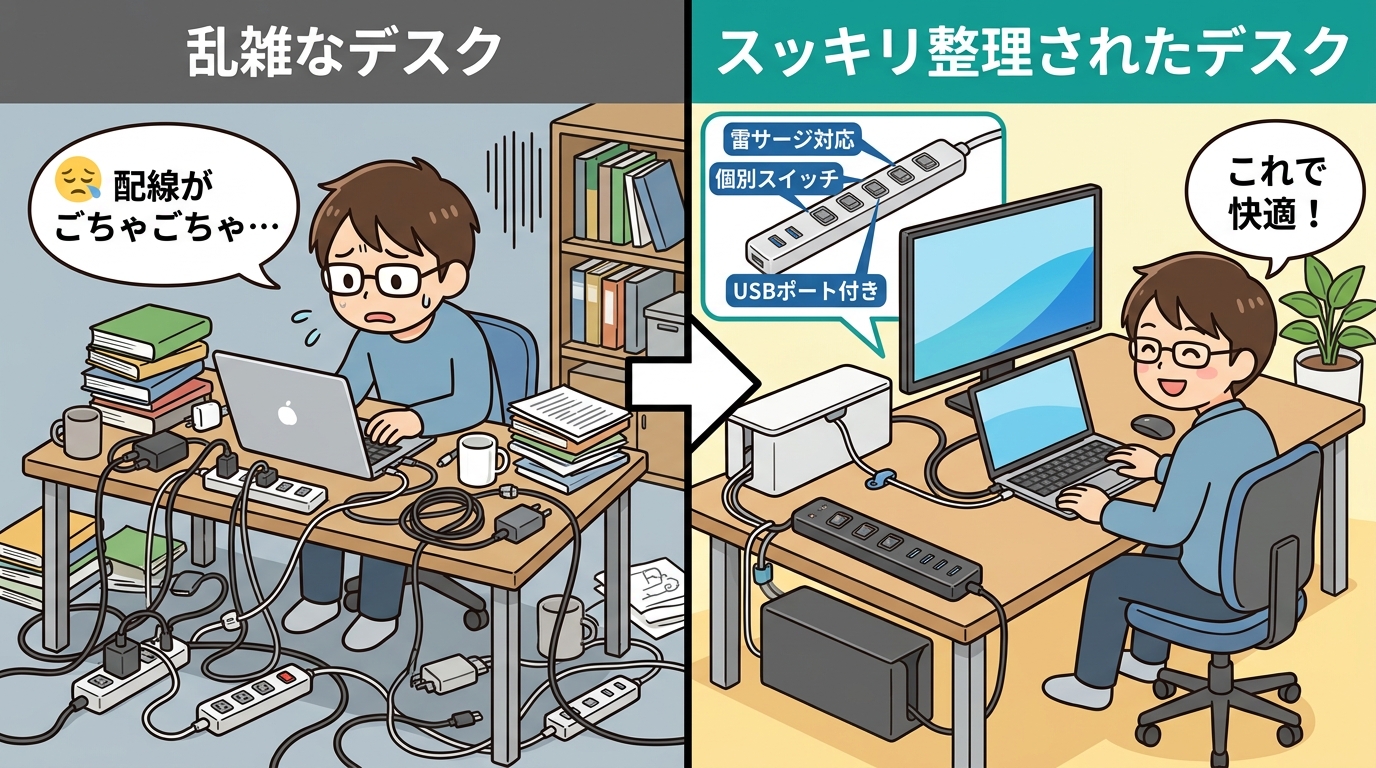 配線がスッキリ整理されたデスクと乱雑なデスクのビフォーアフター画像