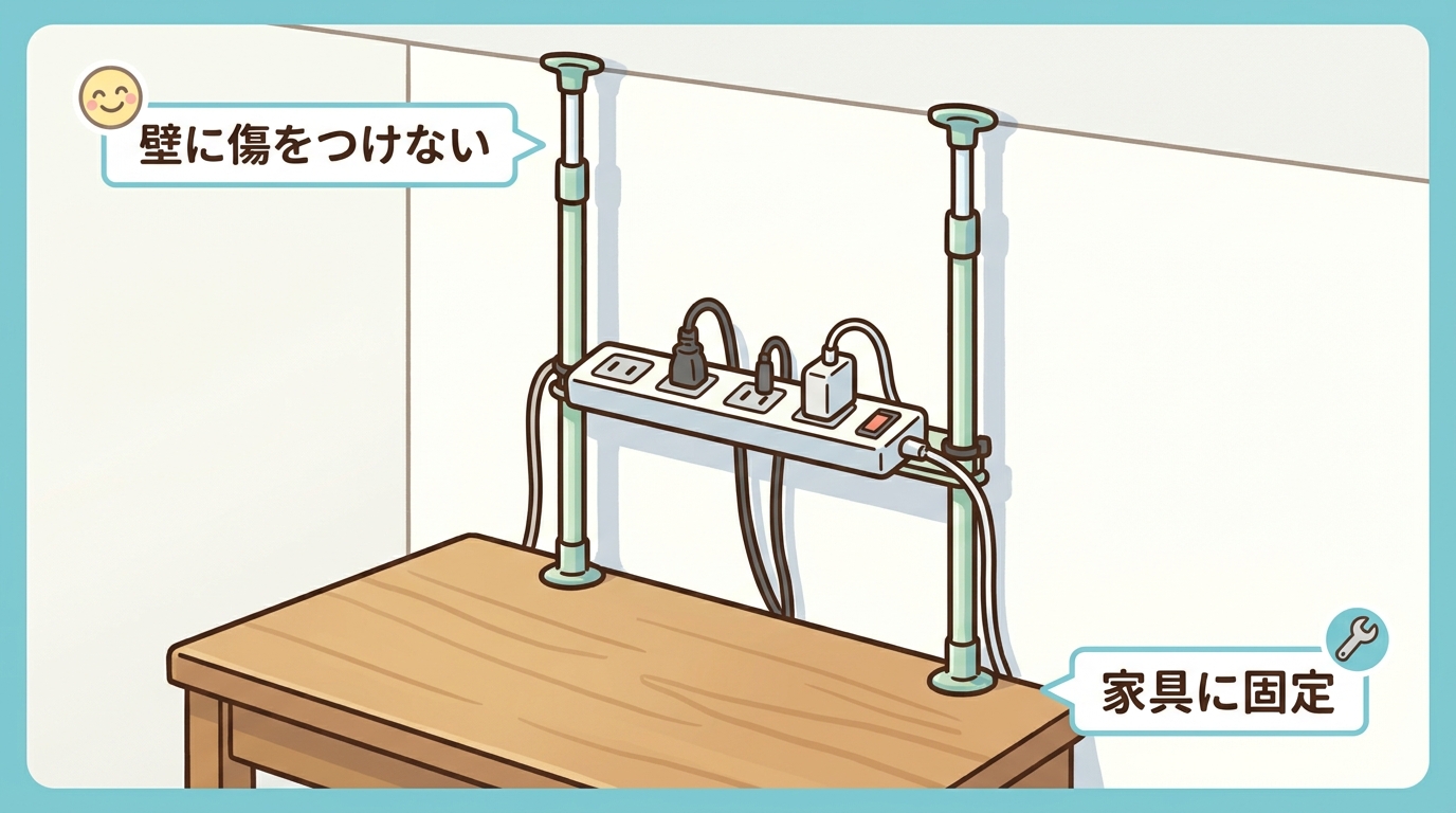 突っ張り棒を2本使って電源タップの置き場所を作っている画像