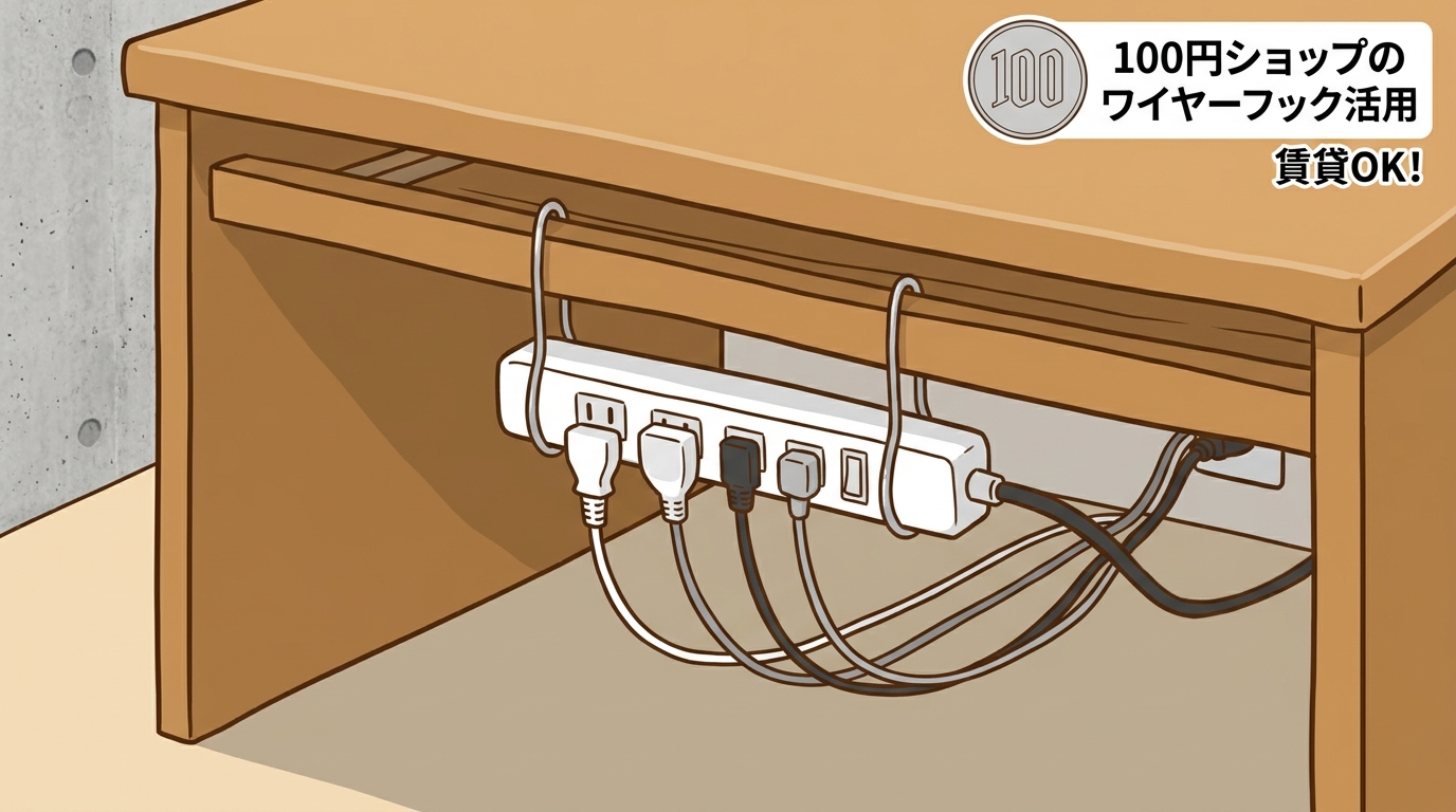 ワイヤーフックを使って電源タップをデスク裏に宙吊りしている画像