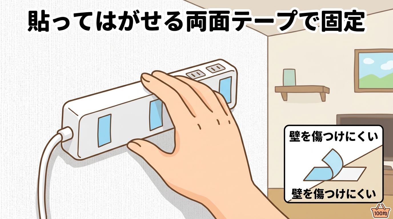 100均の貼って剥がせる両面テープで壁に電源タップを固定している様子