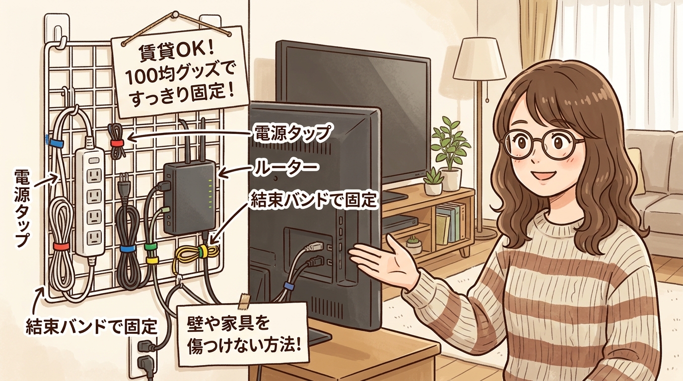 テレビ裏のワイヤーネットに電源タップやルーターを結束バンドで固定している様子