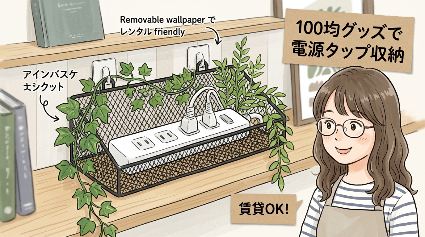 100均のアイアンバスケットとフェイクグリーンを使ったおしゃれな電源タップ収納