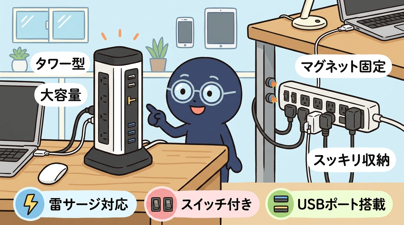 タワー型やマグネットでデスクに固定された電源タップの画像