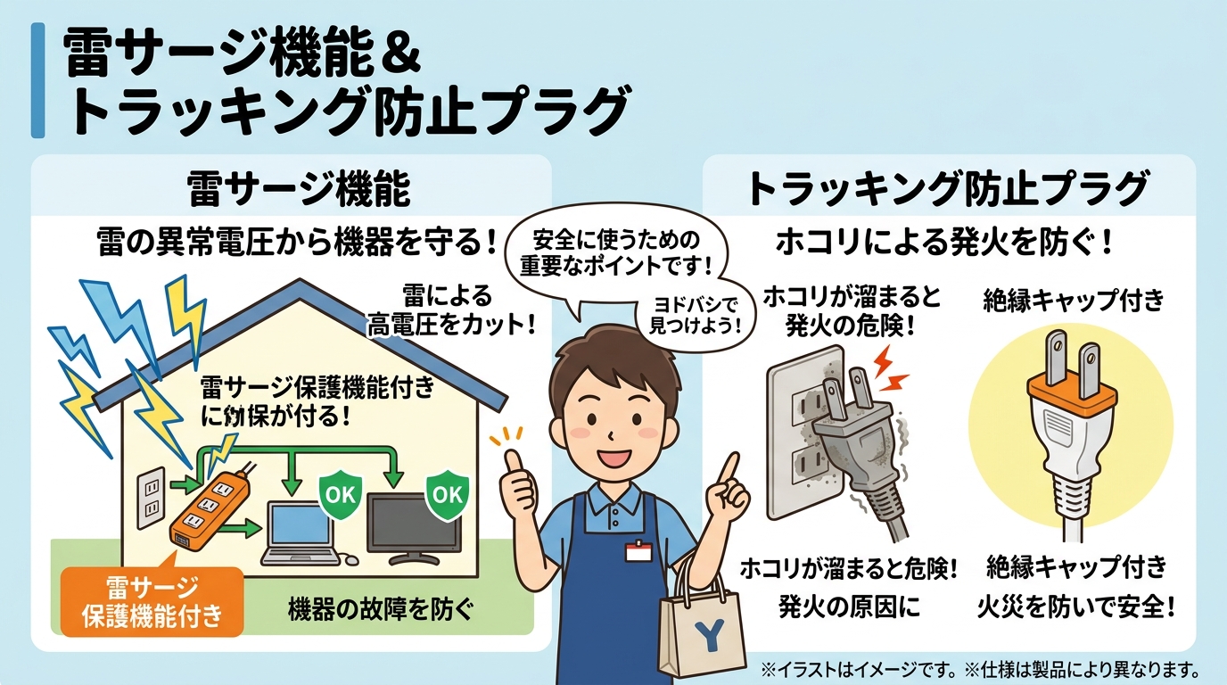 雷サージ機能やトラッキング防止プラグの解説画像