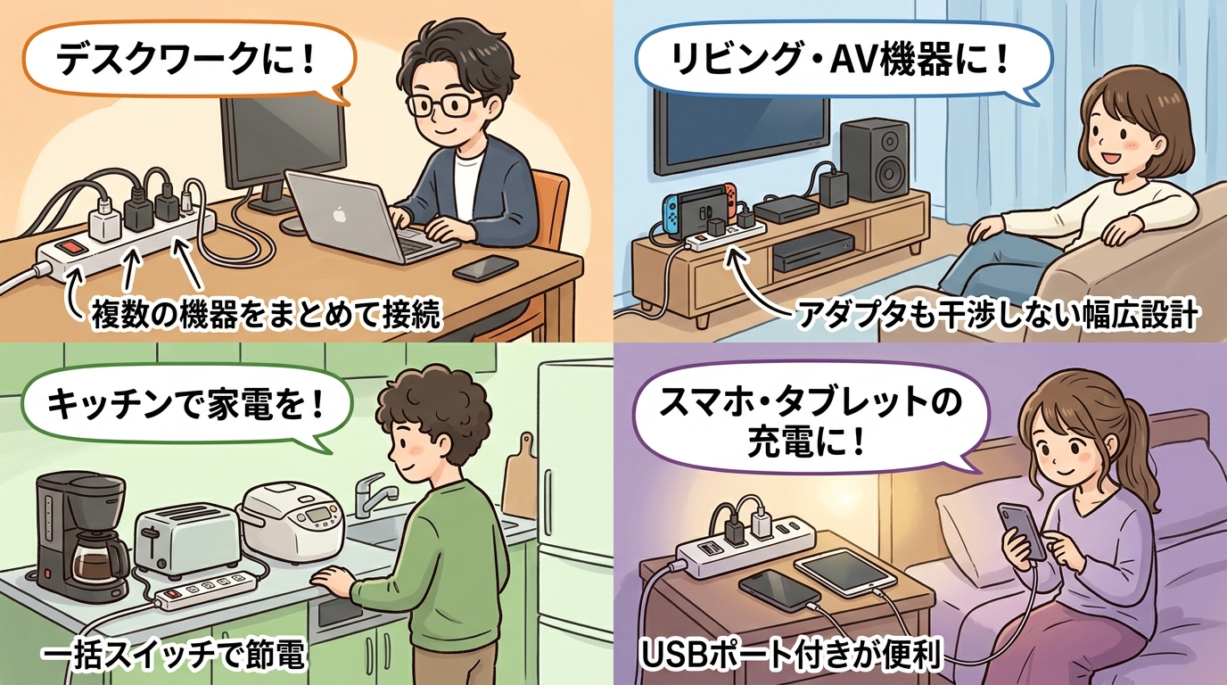 用途別の電源タップ（USB付きや幅広設計）の利用イメージ画像