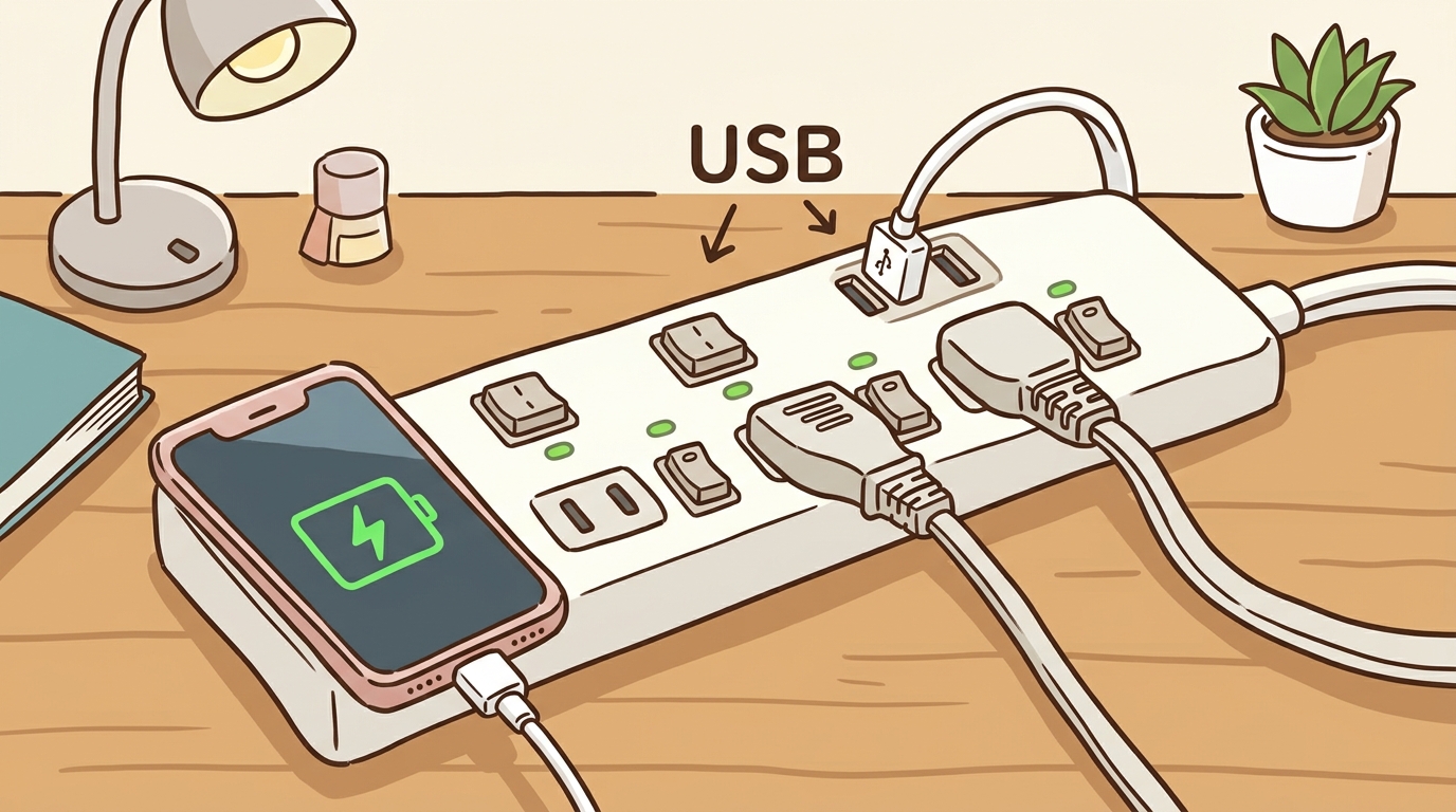 USBポートからスマートフォンを充電している電源タップの画像