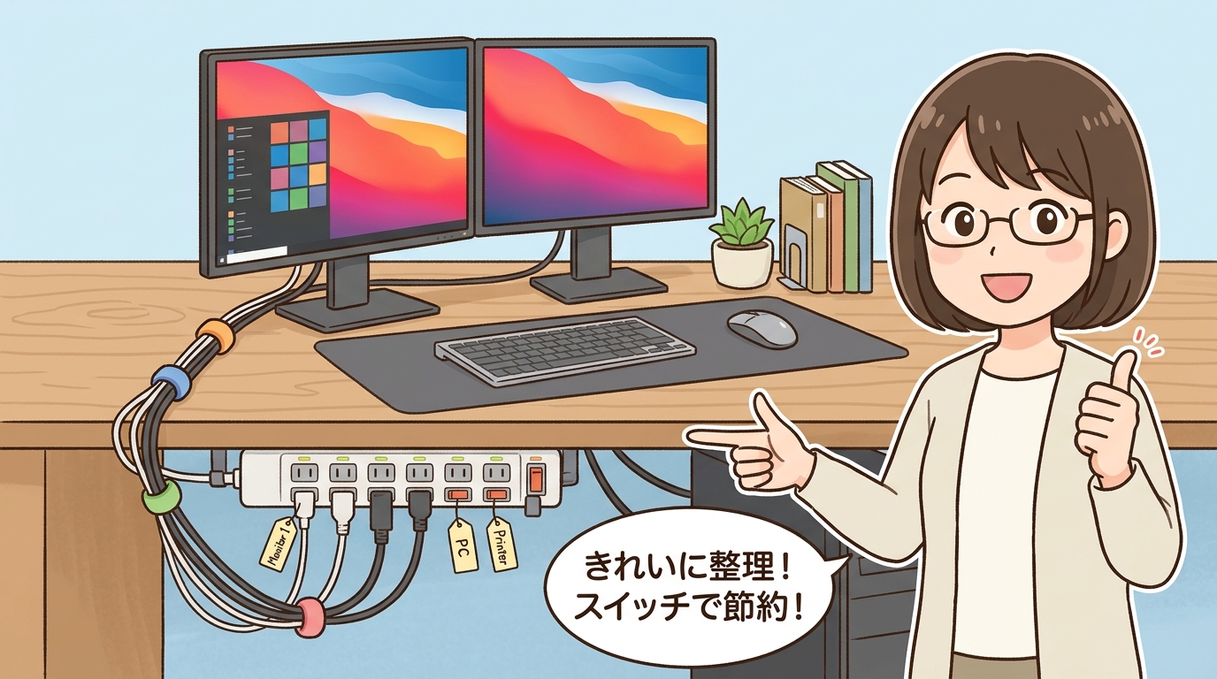 きれいに整理されたPCデスク周りの配線画像