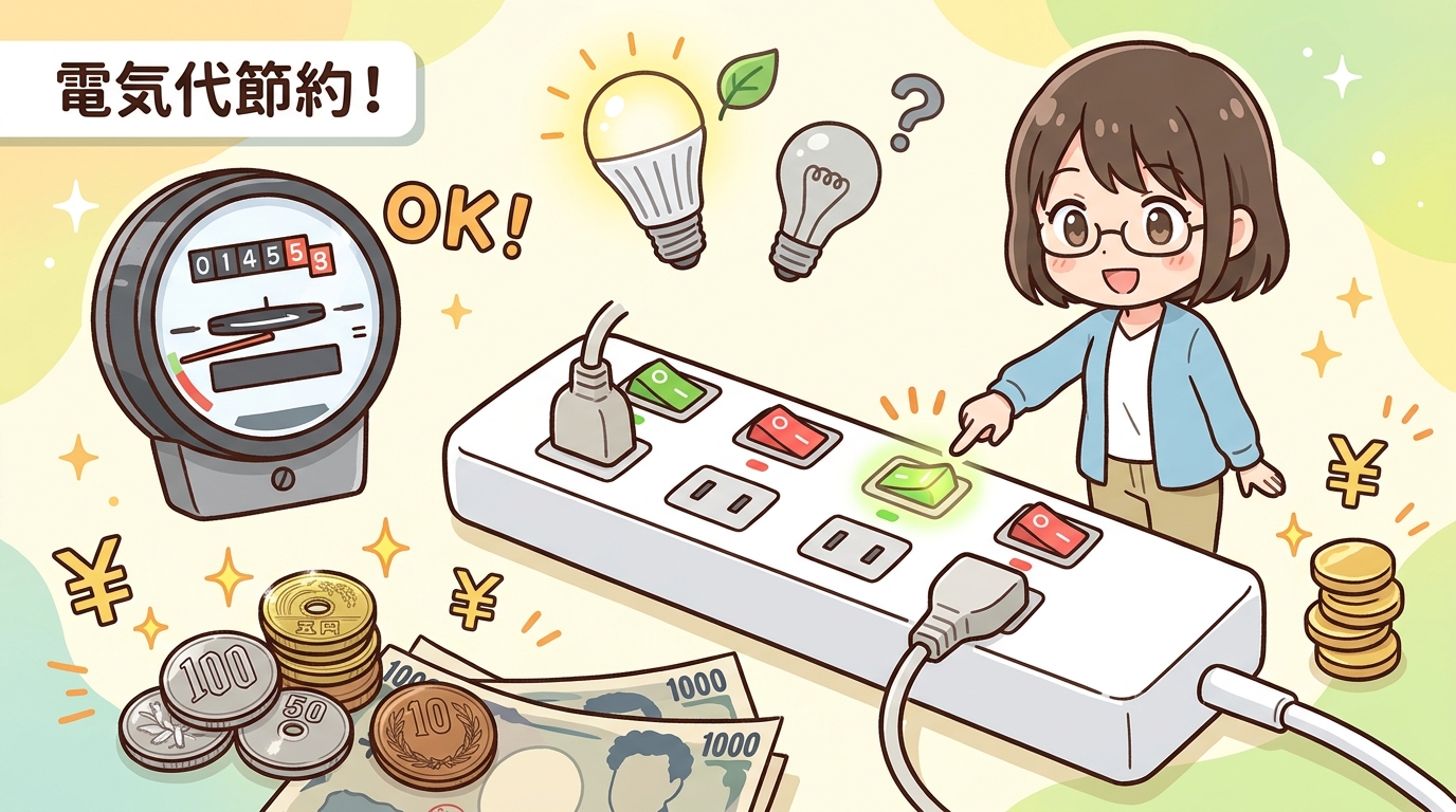 電気代節約をイメージするメーターや小銭と電源タップの画像