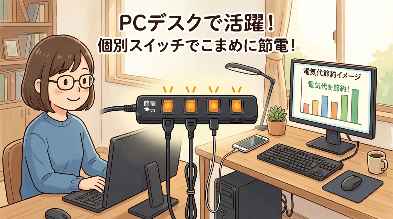 PCデスク上でスリム型電源タップを使用している画像