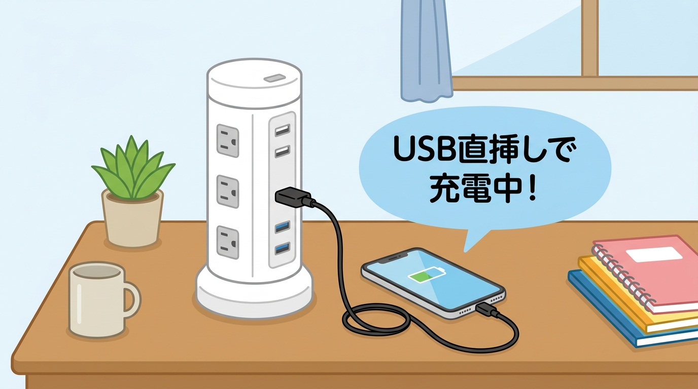 USBケーブルを直接挿してスマホを充電している画像