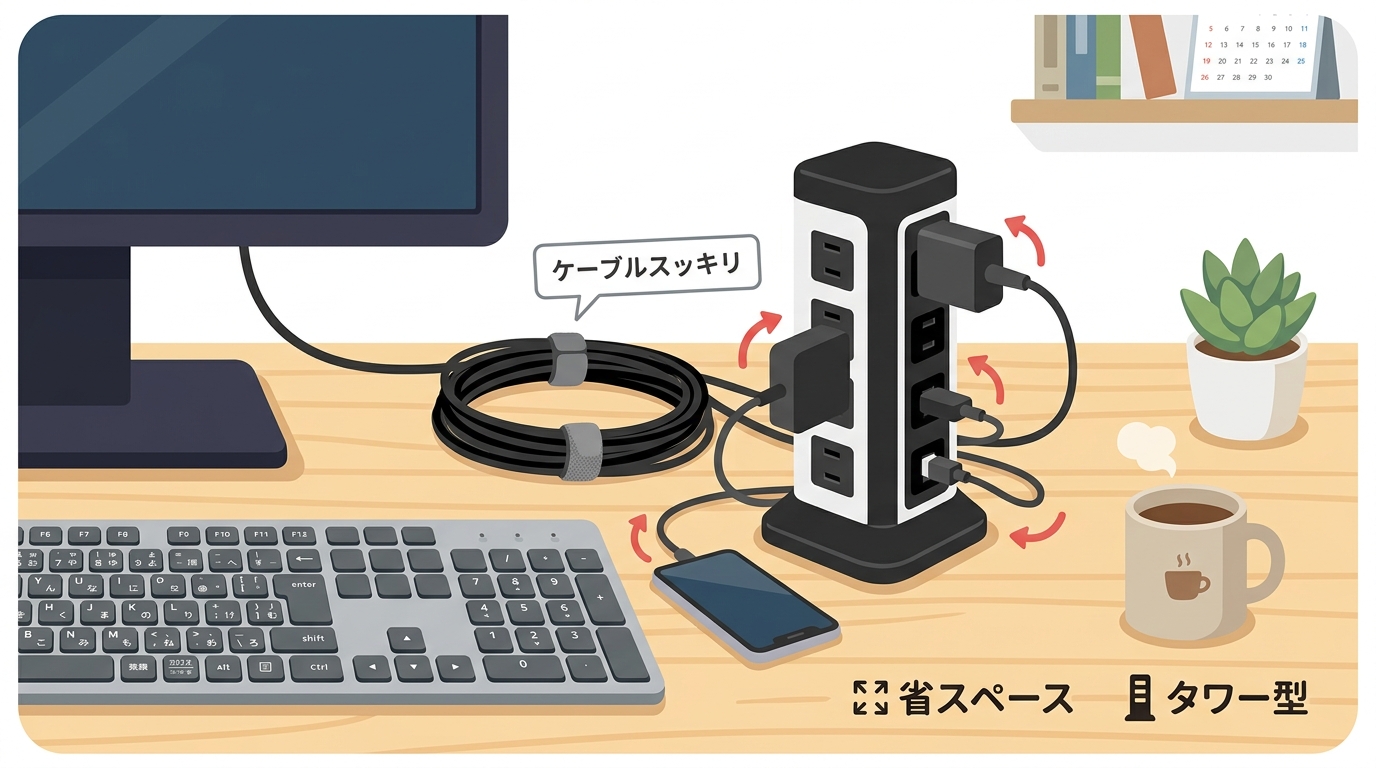 デスク上で省スペースに設置されているタワー型電源タップの画像