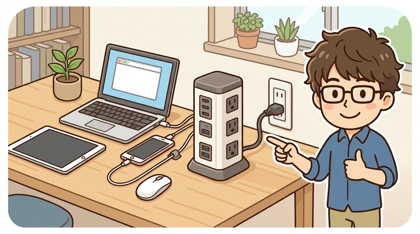 コンパクトサイズのタワー型電源タップの画像