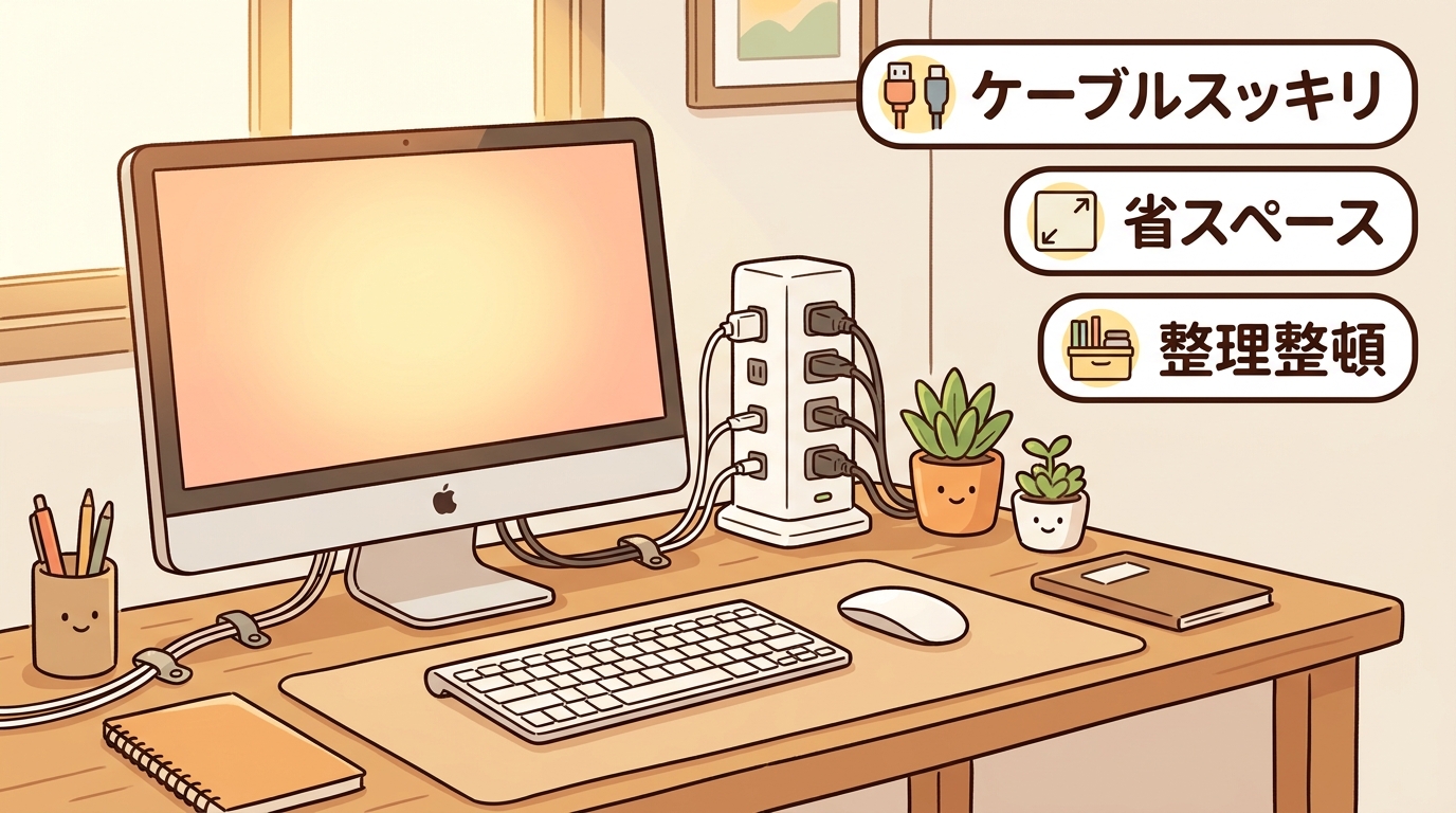 配線が綺麗にまとまったデスクの画像