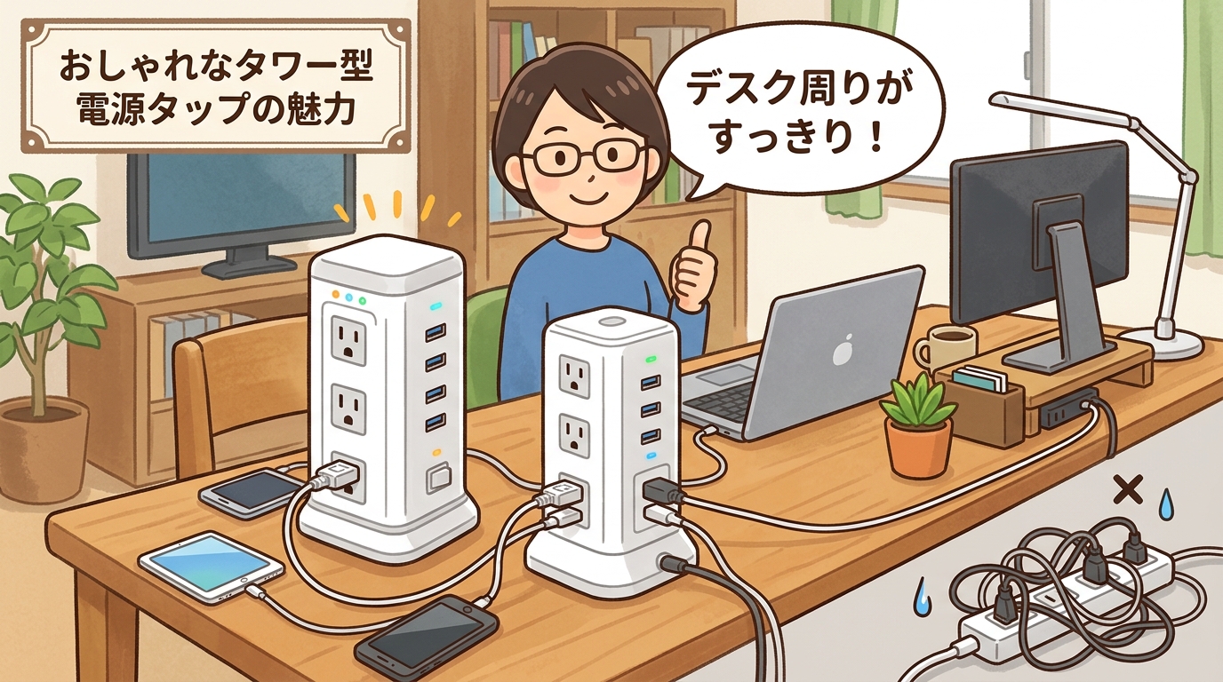 インテリアに馴染むおしゃれなタワー型電源タップの画像