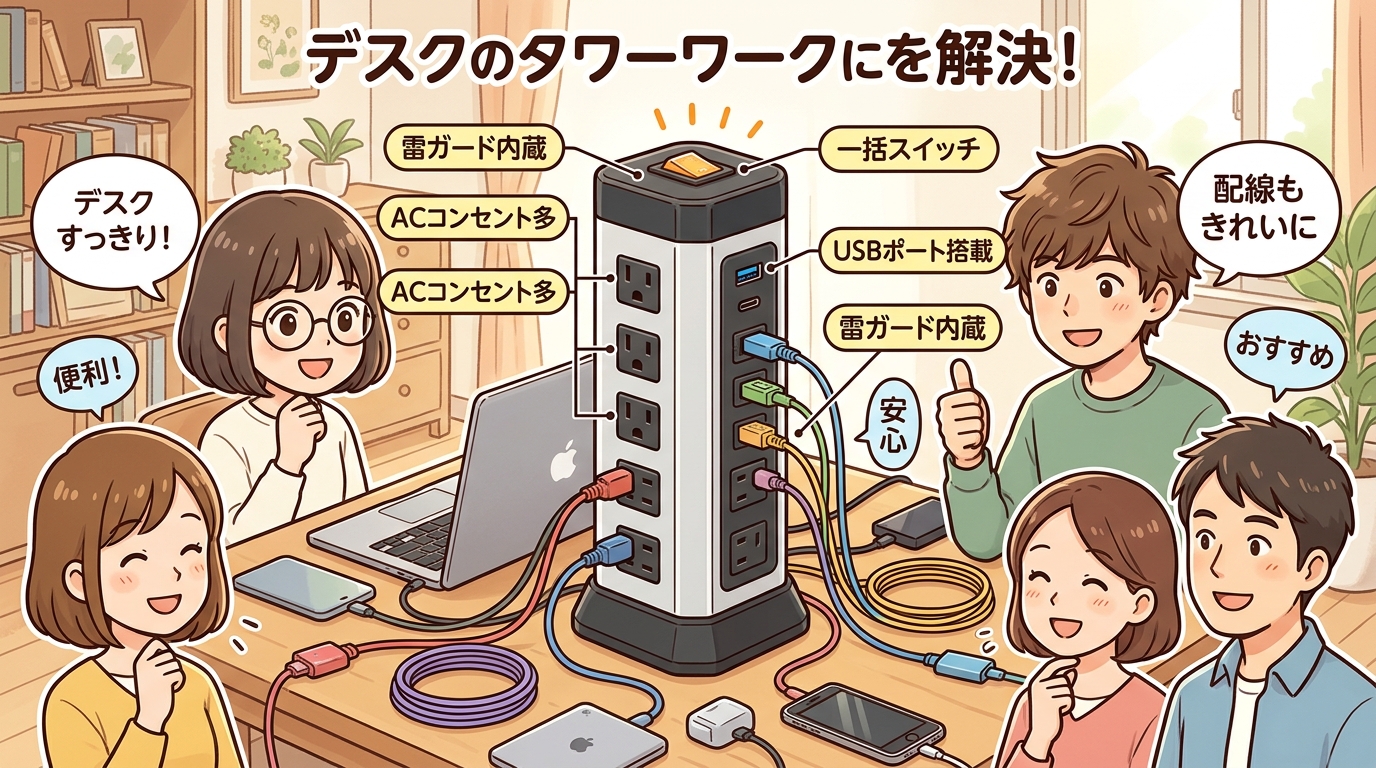 デスクワーク向け多機能タワー型電源タップの画像